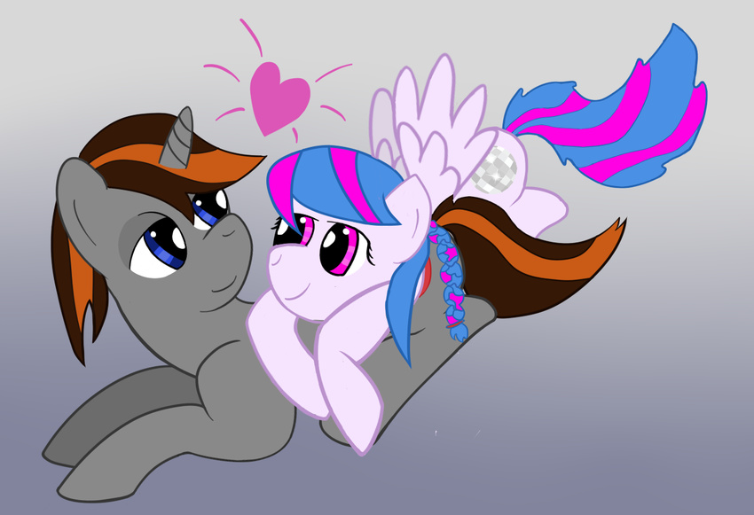 &lt;3 blue_eyes couple cutie_mark duo equine female feral friendship_is_magic hair horn horse jlcrasher love male mammal multi-colored_hair my_little_pony original_character pegasus plain_background pony purple_eyes unicorn wings