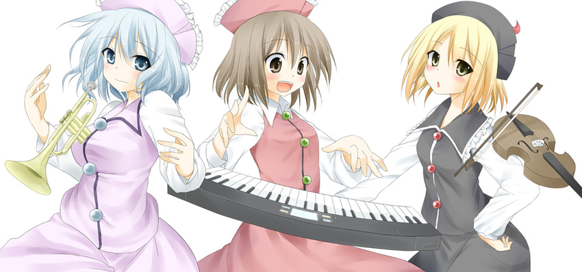 blonde_hair blue_eyes blue_hair blush bow_(instrument) breasts brown_eyes brown_hair floating floating_object hand_on_hip hat instrument keyboard_(instrument) large_breasts long_sleeves looking_at_viewer lunasa_prismriver lyrica_prismriver mashima_(sumachi) merlin_prismriver multiple_girls open_mouth outstretched_arms shirt siblings sisters skirt skirt_set smile touhou trumpet vest violin yellow_eyes