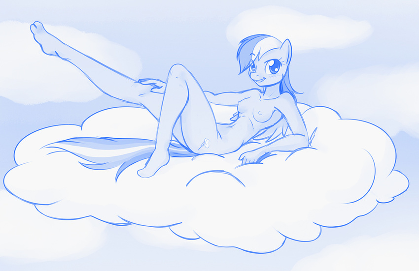 anthro anthrofied blue_theme blush breasts cloud cutie_mark equine female friendship_is_magic hair invalid_tag looking_at_viewer mammal mane monochrome my_little_pony navel nipples nude pegasus pose rainbow_dash_(mlp) scorpdk sky smile solo wings