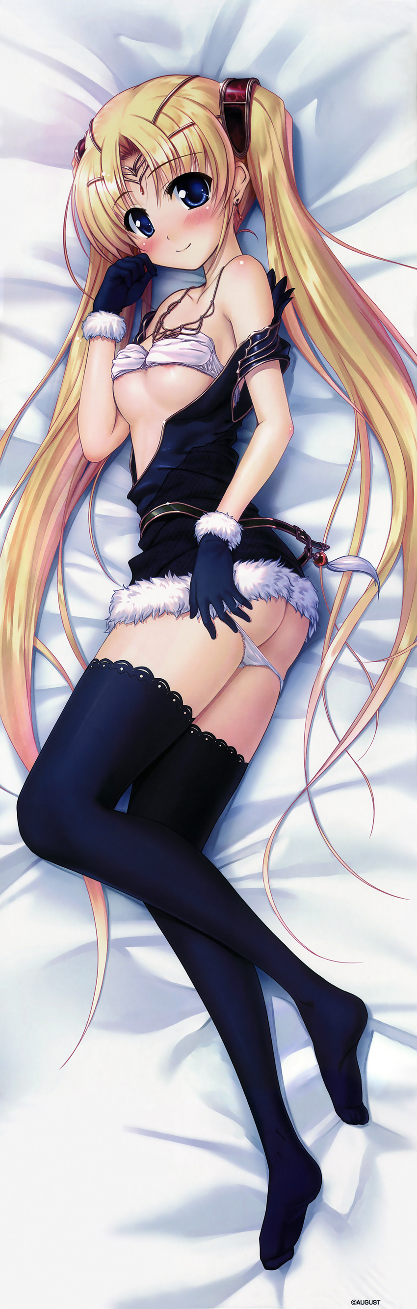 absurdres aiyoku_no_eustia areola_slip areolae ass bare_shoulders bekkankou black_legwear blonde_hair blue_eyes blush bra bra_lift breasts dakimakura earrings full_body fur_trim gloves highres jewelry lace lace-trimmed_thighhighs licia_de_novus_yurii long_hair necklace panties panty_pull scan small_breasts solo thighhighs tiara twintails underwear very_long_hair white_panties