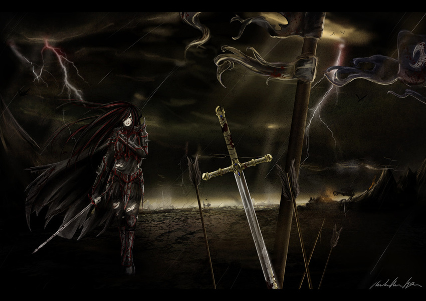 armor_suit arrows birds black_hair blackfire cape flag girl long_hair mountain shadow sword thunderstorm war wrap