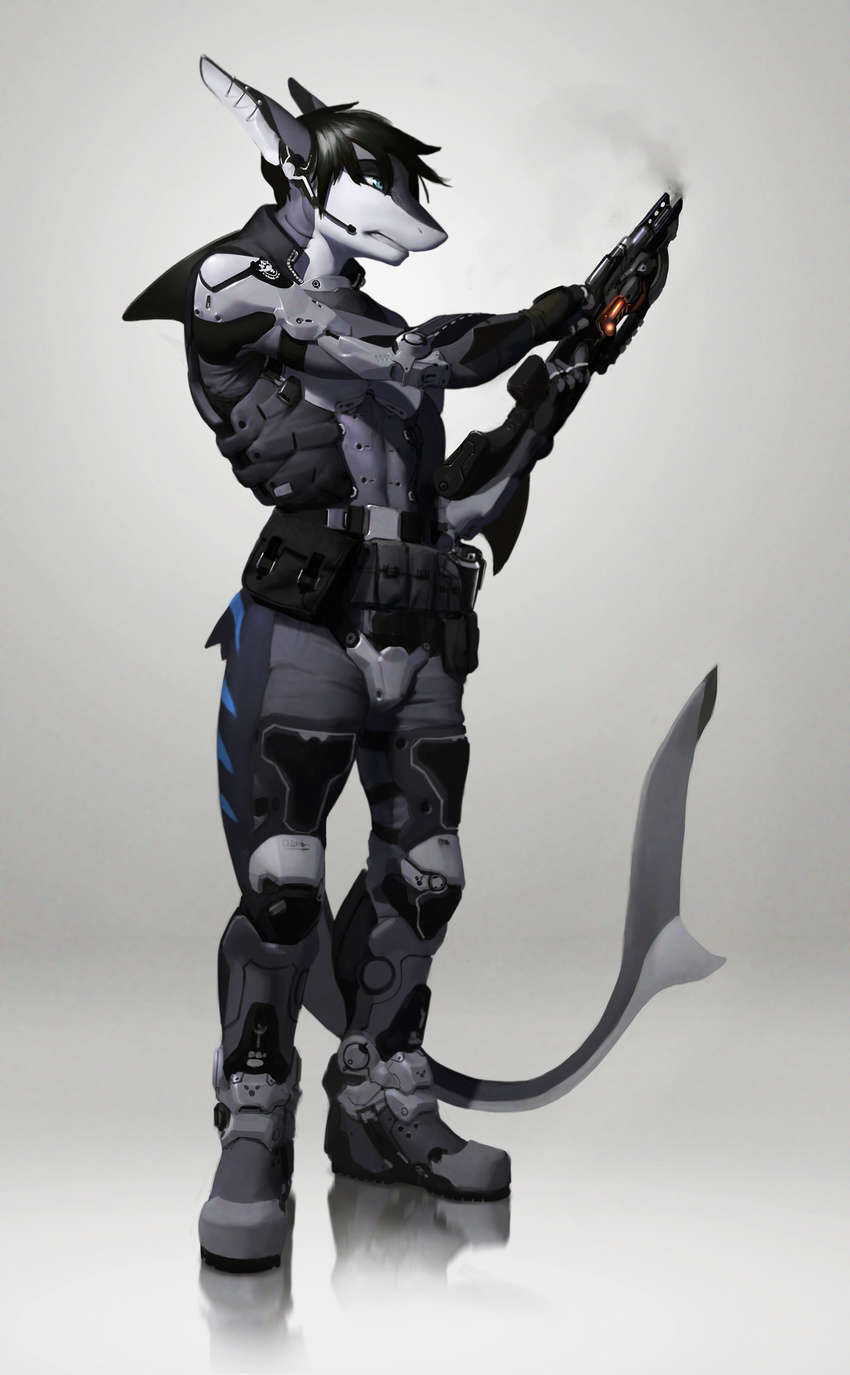 2012 anthro armor blue_eyes cetacean dolphin ear ear_piercing fin fish grin hair male marine piercing plain_background riptide shark solo weapon