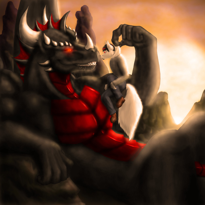 absurd_res anthro arctic_fox biceps big black_dragon canine claws dragon dragonwing013 dugan fangs fox fur glowing hair hi_res horn inuchan macro male mammal muscles pecs pose red_eyes saliva sitting solo white_horns