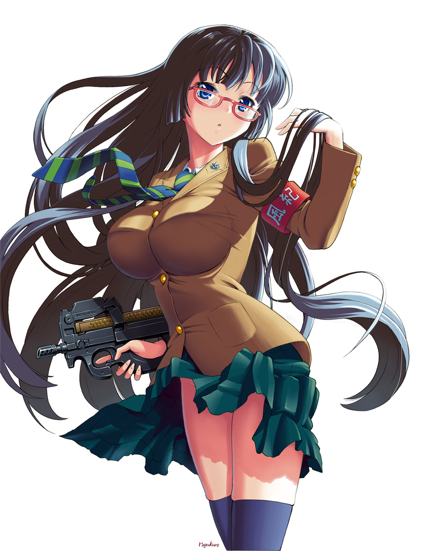 armband black_hair blazer blue_eyes breasts bullpup glasses gun hair_tucking highres impossible_clothes jacket large_breasts long_hair necktie no_panties number10_(hagakure) original p90 red-framed_eyewear school_uniform signature simple_background skirt solo striped striped_neckwear submachine_gun taut_clothes thighhighs trigger_discipline very_long_hair weapon white_background