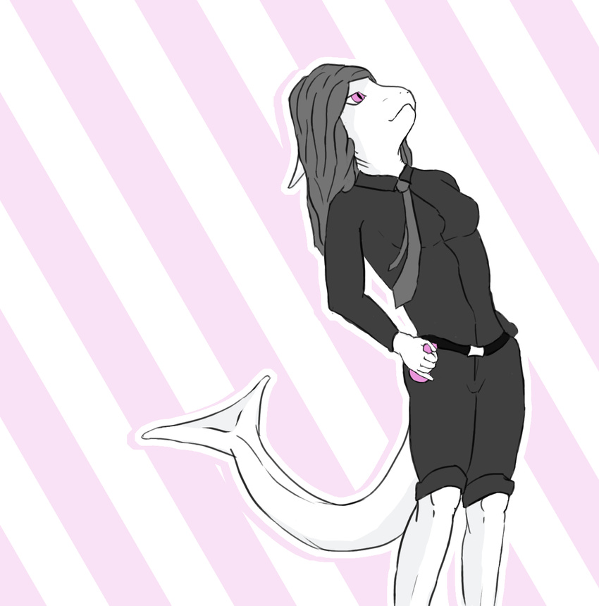 anthro breasts clothing dress_shirt female fish hair marine necktie pink pink_eyes sex_toy shark solo solrian