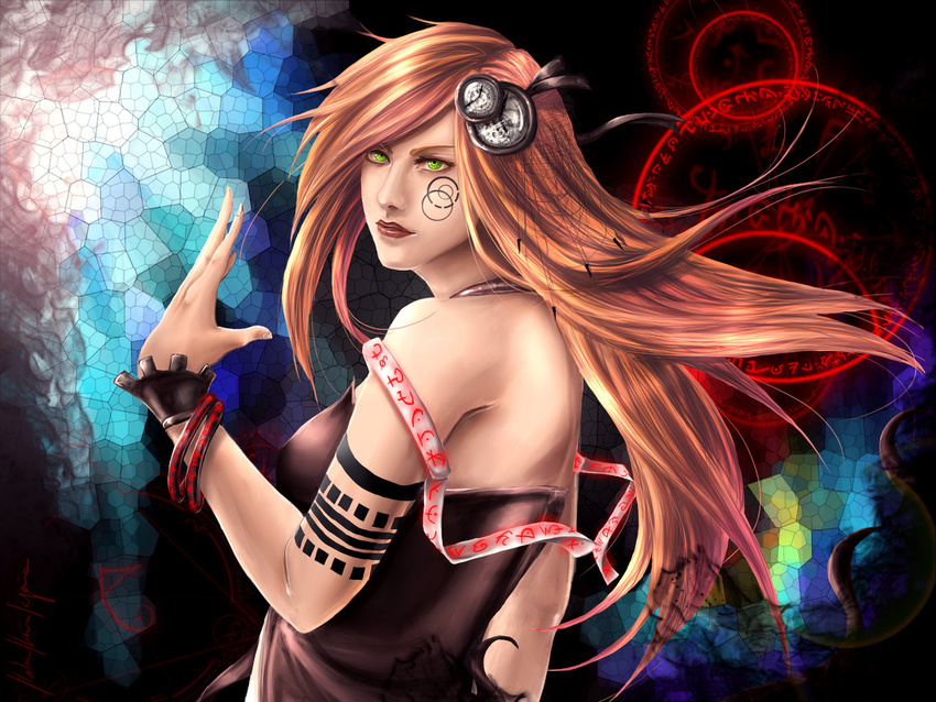 blackfire blonde_hair bracelet circles clock girl green_eyes red_lips runes tatoo time zeit