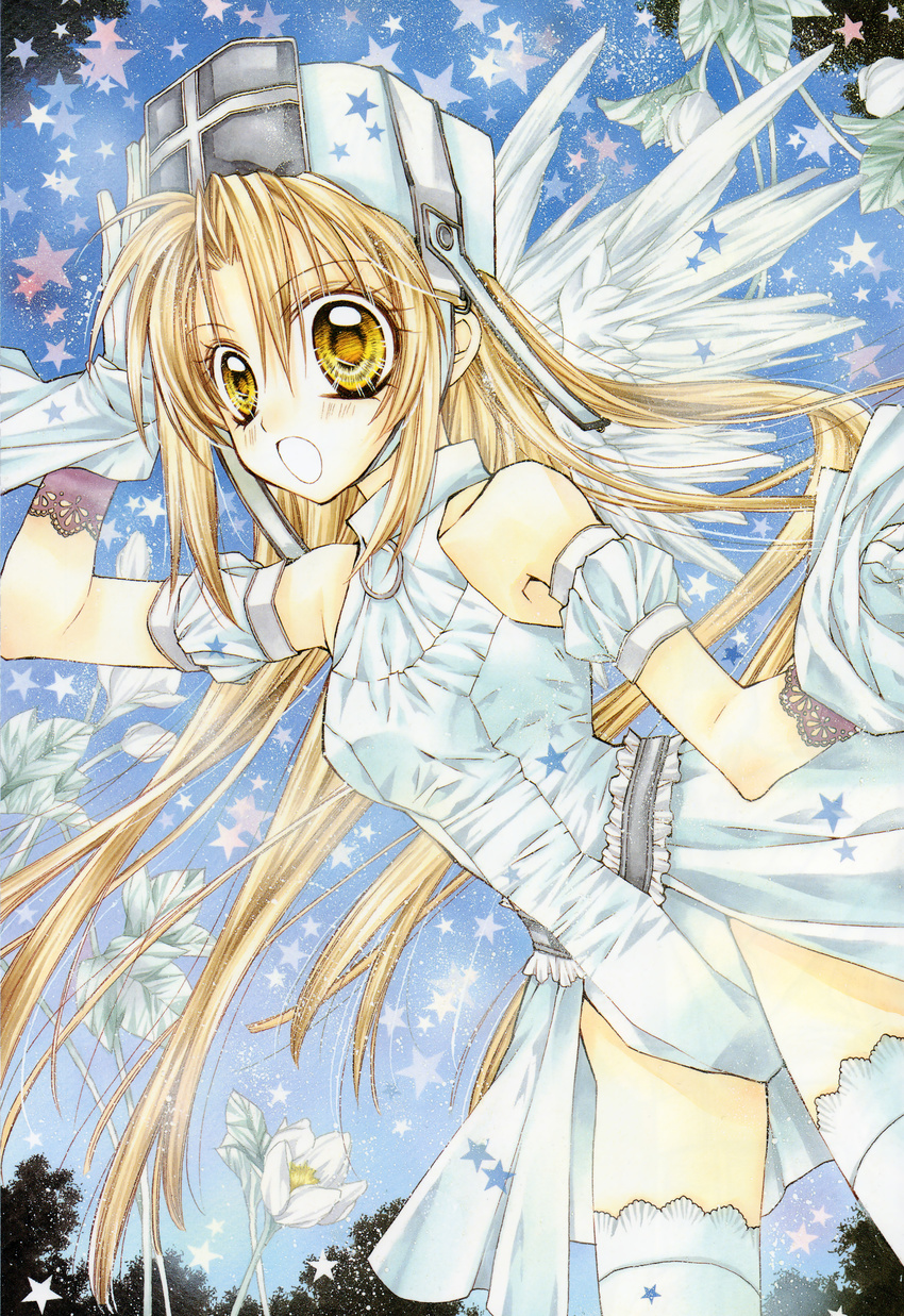 :o absurdres alternate_costume angel_wings artbook bare_legs bare_shoulders blonde_hair detached_sleeves dress dutch_angle feathered_wings flower gloves hand_on_headwear hat highres lace long_hair marker_(medium) official_art otomiya_haine puffy_short_sleeves puffy_sleeves scan shinshi_doumei_cross short_sleeves sky solo star tanemura_arina thighhighs traditional_media white_dress white_gloves white_legwear wings yellow_eyes