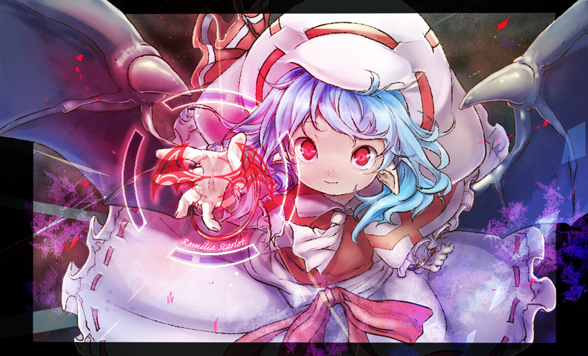 ascot bad_id bad_pixiv_id bat_signal bat_wings blue_hair capelet character_name child curiosities_of_lotus_asia frame glowing hat hat_ribbon hutaba123 looking_at_viewer outstretched_arm outstretched_hand pointy_ears red_eyes remilia_scarlet ribbon sash shirt skirt smile solo touhou wings