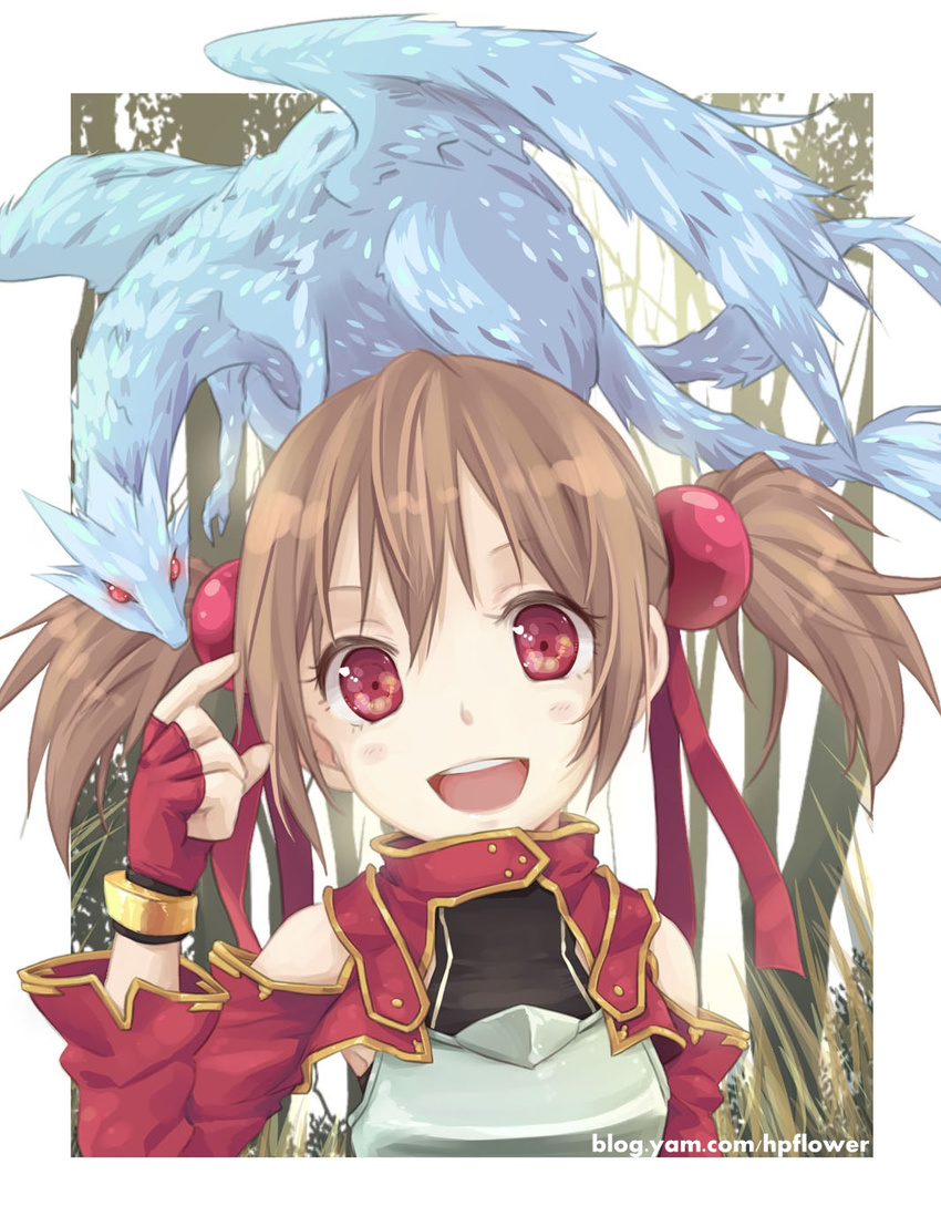 :d breastplate brown_hair fingerless_gloves gloves hair_ribbon highres hpflower looking_at_viewer open_mouth pina_(sao) red_eyes ribbon silica smile solo sword_art_online twintails upper_body watermark web_address