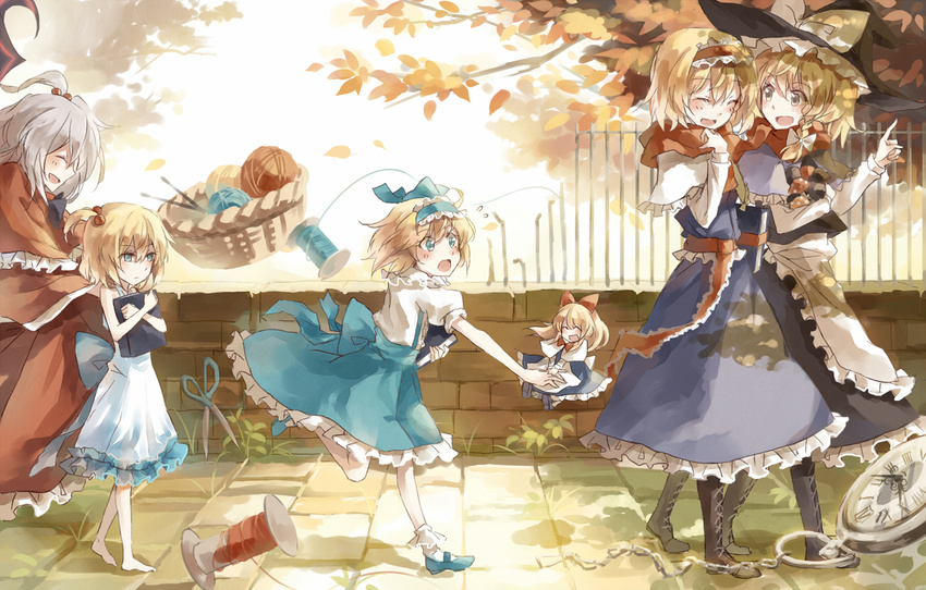 :d ^_^ alice_margatroid alice_margatroid_(pc-98) asuka_(louyun) barefoot blonde_hair blue_eyes blush book boots braid brick_wall capelet closed_eyes fence flying_sweatdrops hair_bobbles hair_ornament hairband hat holding holding_book kirisame_marisa long_hair multiple_girls open_mouth pulling running scarf scissors shanghai_doll shared_scarf shinki silver_hair single_braid smile string time_paradox touhou touhou_(pc-98) walking witch_hat