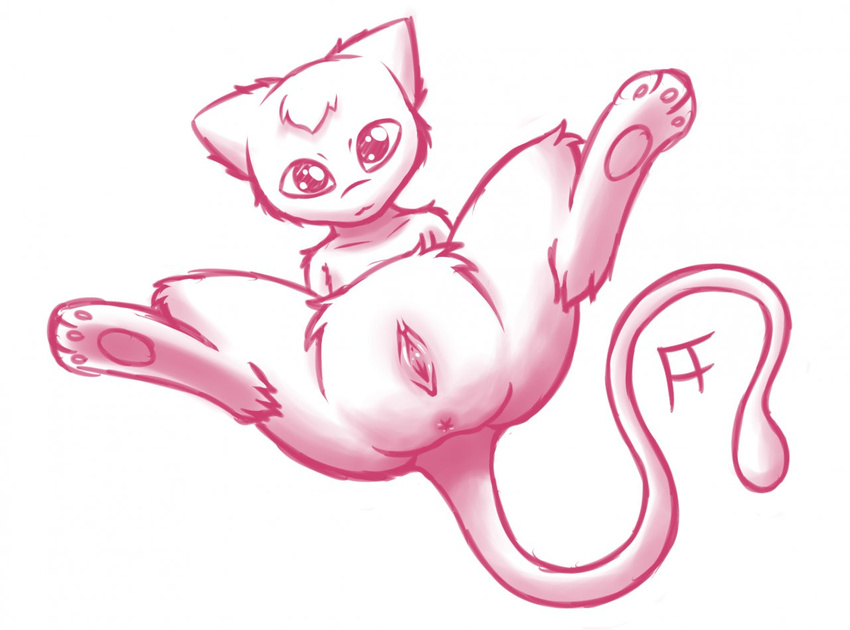 fearingfun female hair_tuft hindpaw legendary_pok&#233;mon long_tail looking_at_viewer mew monochrome nintendo paws pink_and_white pok&#233;mon pok&eacute;mon pussy solo spread_legs spreading video_games