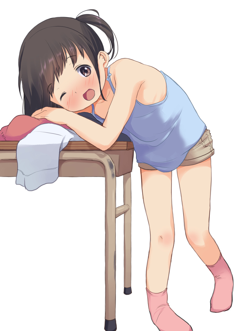 absurdres anyannko blush brown_eyes brown_hair camisole child desk highres leaning_forward nose_blush one_eye_closed open_mouth original short_hair short_twintails shorts simple_background smile socks solo twintails