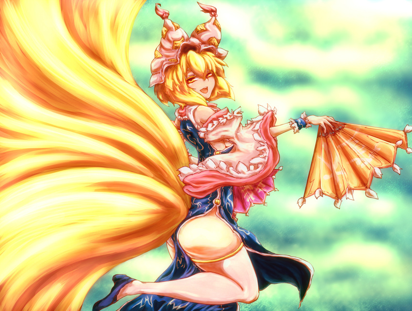 bare_shoulders blonde_hair chinese_clothes detached_sleeves earthore_(noripeti) fan folding_fan fox_tail hat highres multiple_tails open_mouth short_hair smile solo tail thighhighs touhou white_legwear yakumo_ran yellow_eyes
