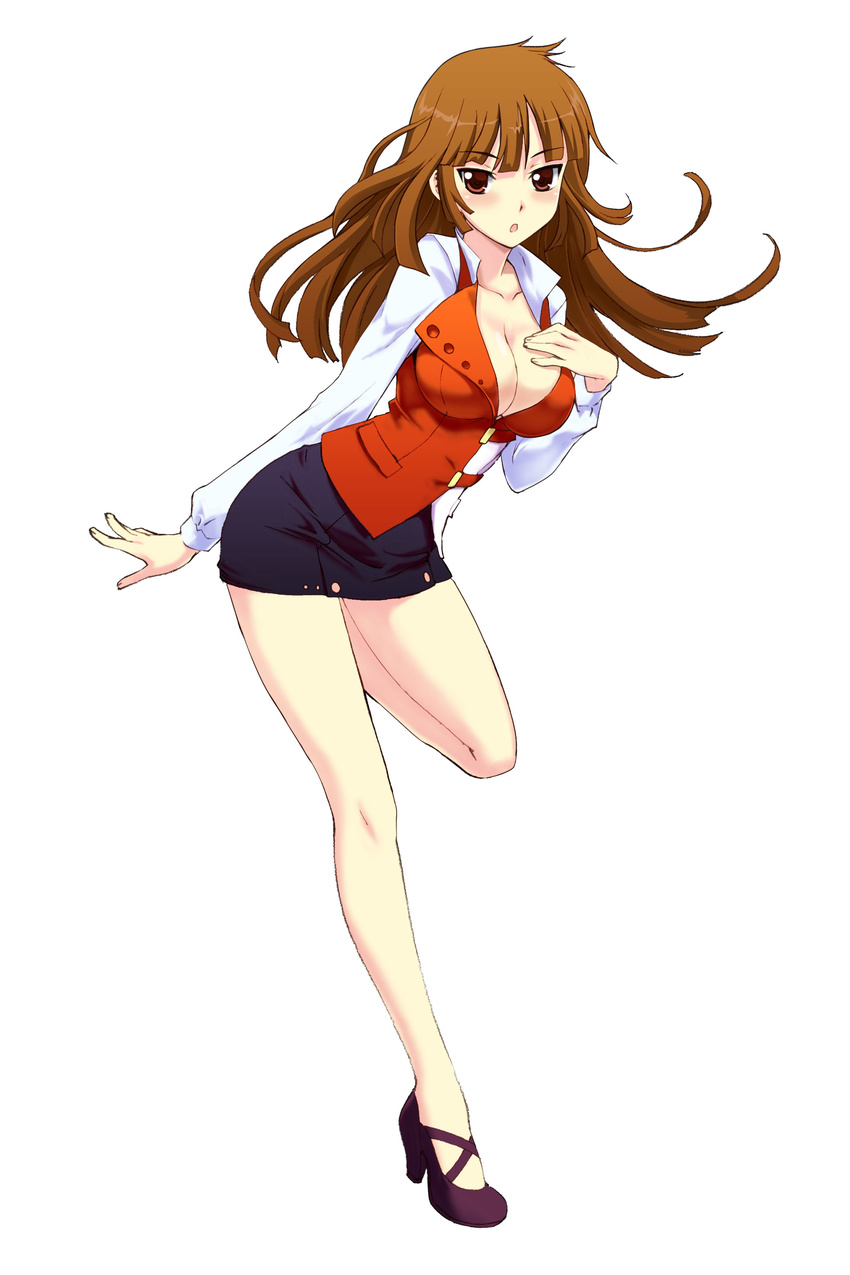 :o absurdres artist_request blazer blush braid breasts brown_hair cleavage copyright_request high_heels highres jacket large_breasts legs long_sleeves miniskirt no_socks red_eyes shoes simple_background skirt solo