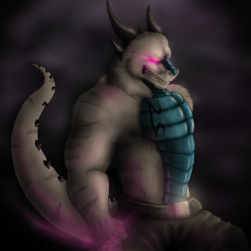 biceps black_background black_clothing black_horns buff clenched_teeth clothed clothing dark dragonwing013 drake drake_(species) fangs fur glowing glowing_eyes half-dressed horn male multi-colored_body muscles plain_background purple purple_eyes ratharn solo tattoo teeth topless