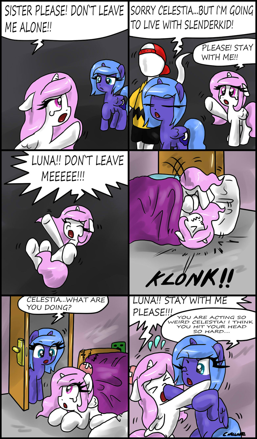 bed blue_eyes blue_hair ciriliko clothing comic creeper crying cutie_mark dialog dialogue dream english_text equine female feral friendship_is_magic hair hat horn horse hug male mammal minecraft my_little_pony pink_hair pony princess princess_celestia_(mlp) princess_luna_(mlp) purple_eyes royalty shirt slenderman tears text upset video_games winged_unicorn wings wounded