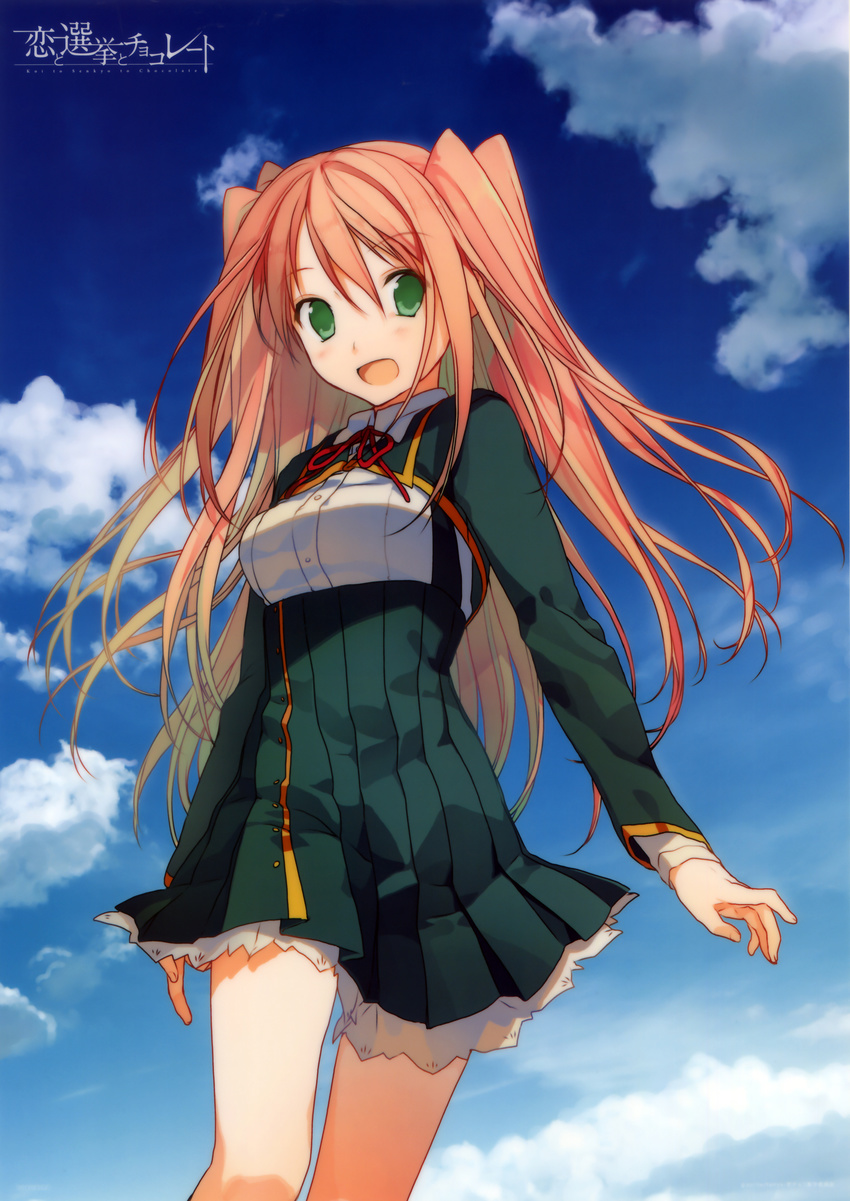 :d absurdres akinashi_yuu blue_sky cloud day framed_breasts green_eyes highres koi_to_senkyo_to_chocolate open_mouth orange_hair scan scan_artifacts school_uniform sky smile solo sumiyoshi_chisato two_side_up