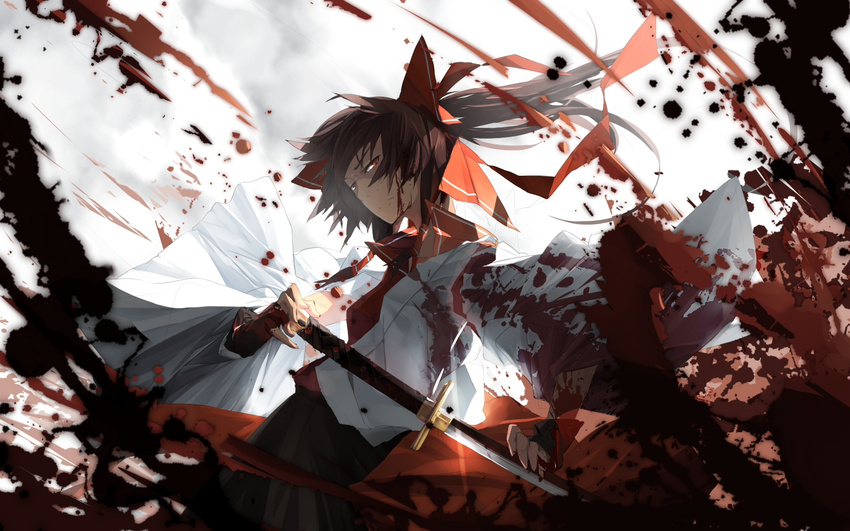 adapted_costume bow brown_hair hair_bow hair_tubes hakurei_reimu highres katana long_hair ponytail red_eyes serious skirt solo splashing sword tan_(carbon) touhou vambraces weapon wide_sleeves