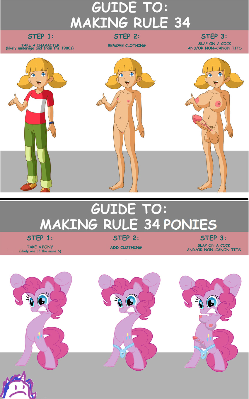 blonde_hair blue_eyes breasts dickgirl english_text equine female friendship_is_magic hair herm horse human humor inspector_gadget inspector_gadget_(franchise) intersex mammal mspaintponies my_little_pony nipples panties penis penny_(inspector_gadget) pink_hair pinkie_pie_(mlp) pony pussy text the_truth twilight_panda underwear young