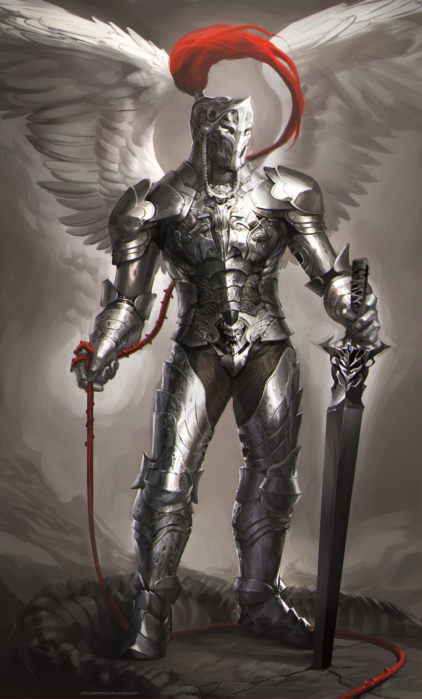 absurdres ambiguous_gender angel armor bad_id bad_pixiv_id banned_artist full_armor gauntlets helmet highres knight original sakimichan solo standing sword watermark weapon whip