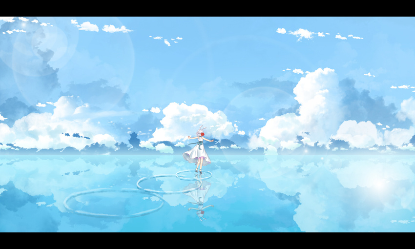 animal_ears bad_id bad_pixiv_id bow braid bunny_ears cloud day dclockwork dj_max dj_max_portable dress flower hair_flower hair_ornament high_heels highres lens_flare outstretched_arms reflection ripples salt_flats sky solo spread_arms walking walking_on_liquid water white_hair