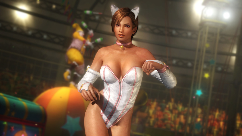 1girl 3d alternate_costume animal_ears breasts brown_hair cat_ears circus cleavage dark_skin dead_or_alive dead_or_alive_5 highres large_breasts lisa_hamilton tecmo
