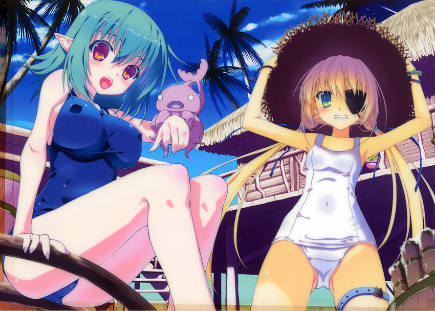 :d aqua_hair bare_legs bare_shoulders blonde_hair blue_sky breasts cloud covered_navel day eyepatch fang flat_chest green_eyes grin hair_ribbon hands_on_headwear hat highres kokonobi large_breasts long_hair low_twintails multiple_girls octopus one-piece_swimsuit open_mouth original outdoors palm_tree pointy_ears red_eyes ribbon scan school_swimsuit sitting sky smile straw_hat swimsuit taut_clothes taut_swimsuit thigh_strap tree twintails white_school_swimsuit white_swimsuit