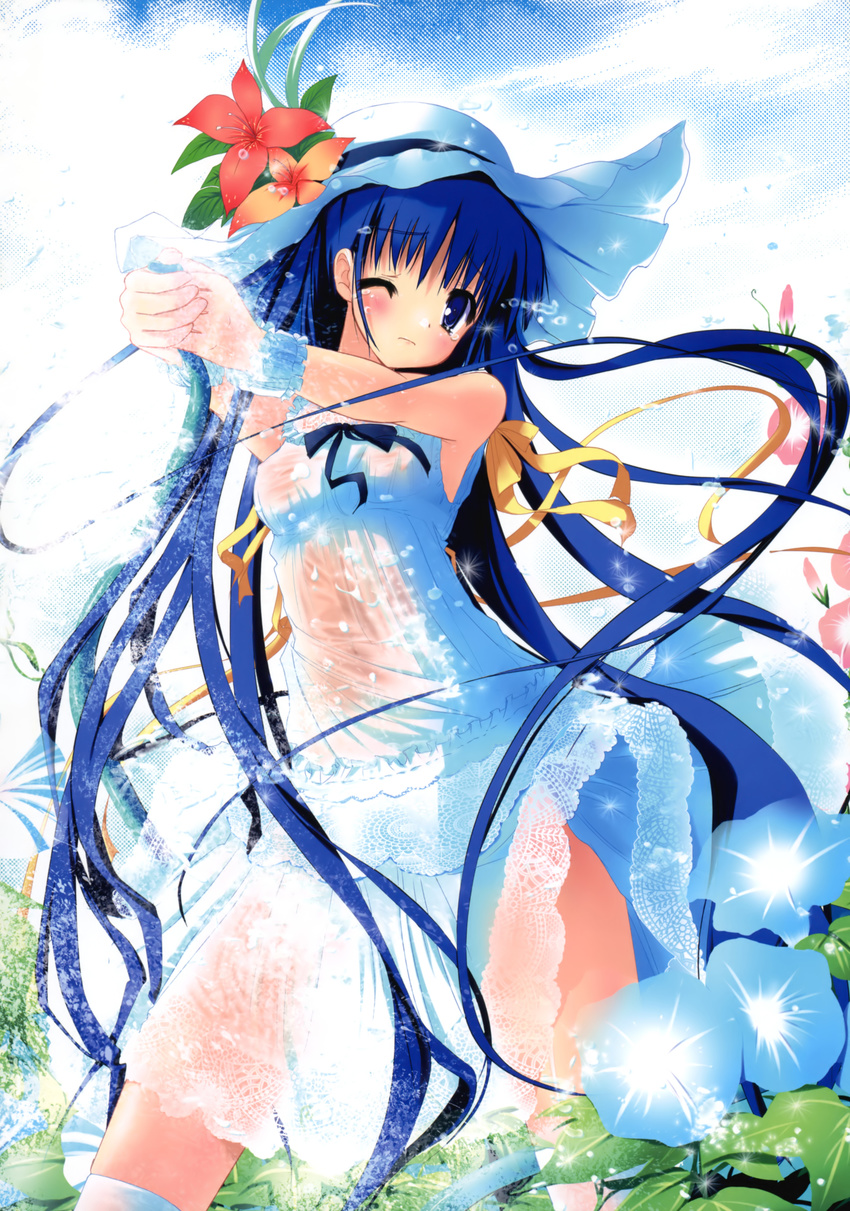 ;( absurdres blue_eyes blue_hair breasts copyright_request covered_nipples dress flower hat hat_flower highres hose long_hair nimura_yuuji see-through small_breasts solo very_long_hair water wet wet_clothes
