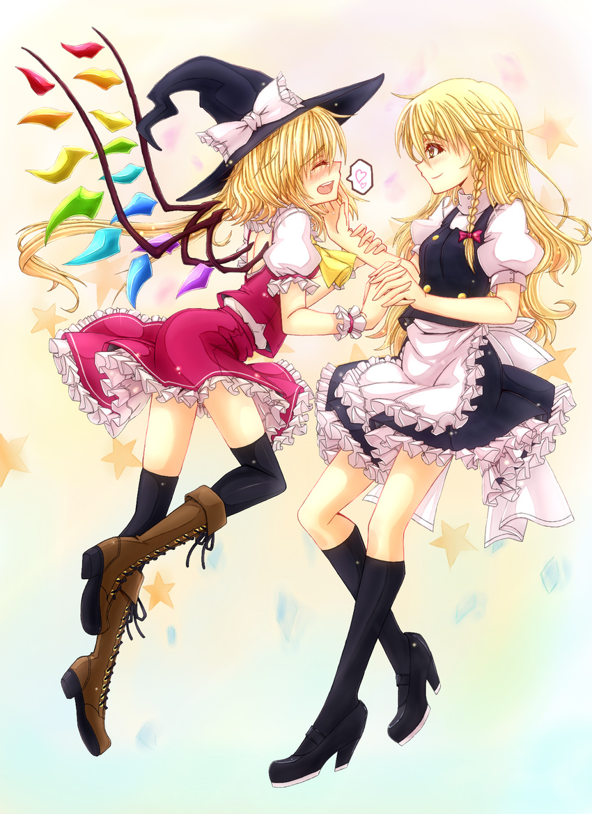 :d ^_^ alternate_headwear apron black_legwear blonde_hair blush boots bow braid closed_eyes flandre_scarlet from_side hat hat_bow hat_removed headwear_removed heart highres holding_hands interlocked_fingers kirisame_marisa long_hair mary_janes mickey_dunn multiple_girls open_mouth profile shoes side_ponytail single_braid skirt smile spoken_heart thighhighs touhou waist_apron white_bow wings witch_hat wrist_cuffs yellow_eyes yuri