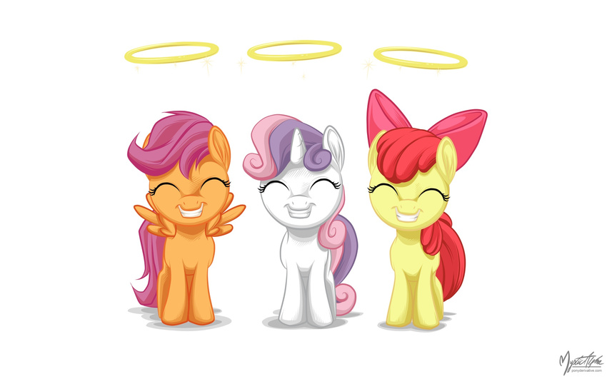 blue_eyes cub cutie_mark_crusaders_(mlp) equine eyes_closed female feral friendship_is_magic fur group hair halo horn horse mammal my_little_pony mysticalpha orange_fur pegasus plain_background pony purple_hair red_hair ribbons scootaloo_(mlp) smile sweetie_belle_(mlp) two_tone_hair unicorn white_background white_fur wings young