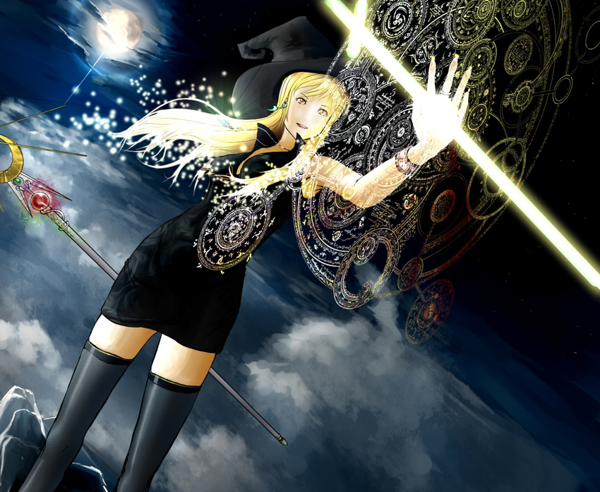 above_clouds black_dress black_legwear blonde_hair bracelet cloud dress dutch_angle earrings energy_sword fishnet_legwear fishnets full_moon hat jewelry light_particles long_hair magic magic_circle moon necklace open_mouth original outstretched_hand pendant ring short_dress solo staff sword tera_l thighhighs weapon witch witch_hat yellow_eyes zettai_ryouiki