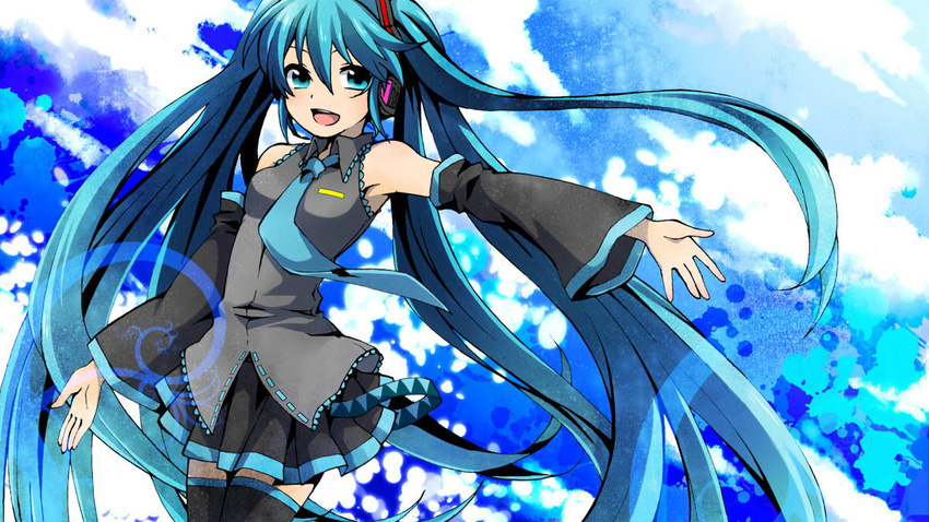 :d aqua_eyes aqua_hair artist_request bare_shoulders black_legwear blue_neckwear detached_sleeves hatsune_miku headset long_hair long_sleeves looking_at_viewer necktie open_mouth outstretched_arm skirt smile solo thighhighs very_long_hair vocaloid zettai_ryouiki