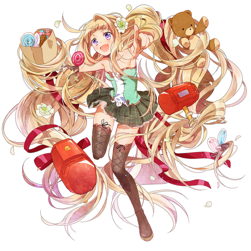 absurdly_long_hair blonde_hair boots candy flower food full_body hair_flower hair_ornament hammer highres lollipop long_hair murakami_yuichi original plaid plaid_skirt pointing prehensile_hair princess_royale purple_eyes rapunzel rapunzel_(grimm) skirt solo stuffed_animal stuffed_toy teddy_bear thigh_boots thighhighs very_long_hair