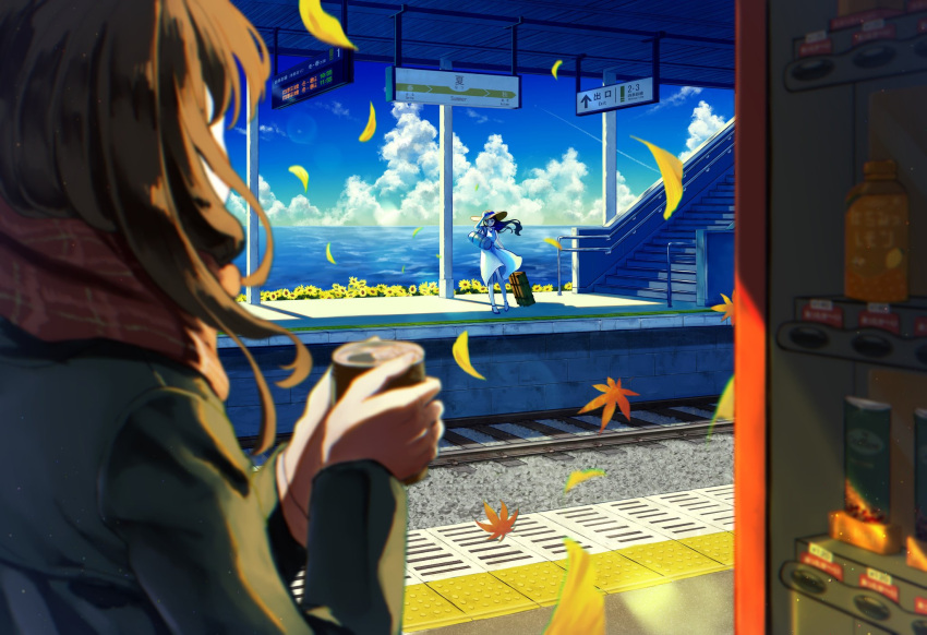 2girls baracan black_hair brown_hair brown_hat can cloud commentary cumulonimbus_cloud dress floating_hair hand_on_own_head hashtag-only_commentary hat high_heels highres holding holding_can long_hair long_sleeves medium_hair multiple_girls ocean original railroad_tracks red_scarf rolling_suitcase scarf sign sleeveless sleeveless_dress suitcase sun_hat sundress tactile_paving train_station train_station_platform vending_machine white_dress