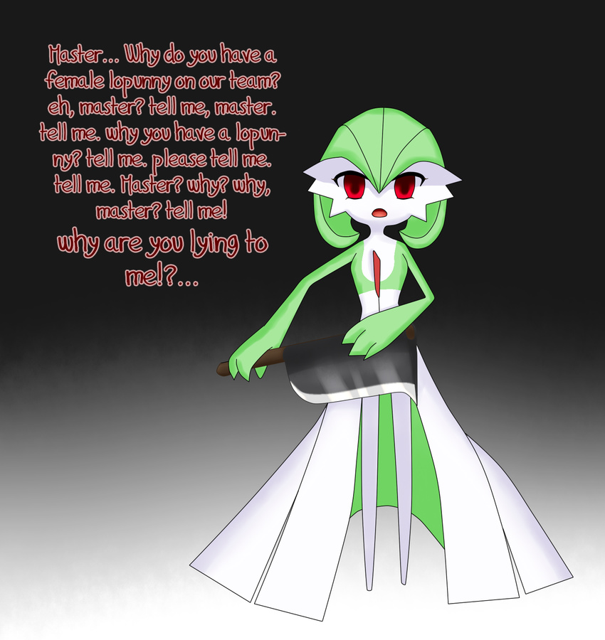 axe empty_eyes english gardevoir gen_3_pokemon green_hair highres no_humans open_mouth pokemon pokemon_(creature) red_eyes scarletknives-x short_hair weapon yandere