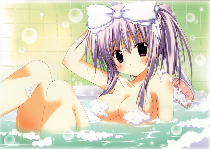 1hayu absurdres airi_(alice_or_alice) alice_or_alice arm_up bathing bathtub blush bow breasts brush censored convenient_censoring foam hair_bow head_tilt highres huge_filesize korie_riko looking_at_viewer medium_breasts nude purple_eyes purple_hair soap_bubbles solo tareme water