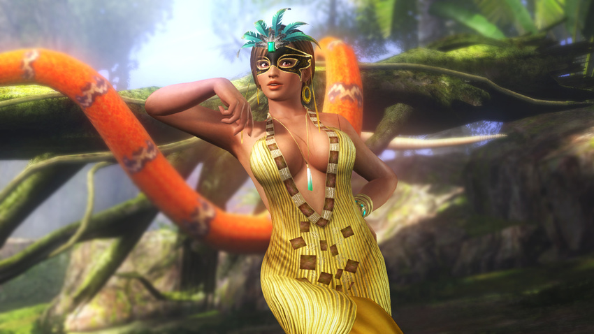 1girl 3d alternate_costume breasts brown_hair cleavage dark_skin dead_or_alive dead_or_alive_5 dress highres jungle large_breasts lisa_hamilton mask nature scenery snake tecmo wallpaper