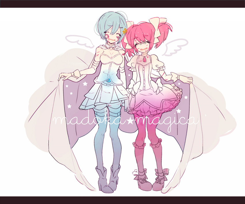 armband bandaid blue_hair bow breasts cape cleavage closed_eyes cuts gloves hair_bow hair_ornament hairclip highres holding_hands injury kaname_madoka kuchibashi mahou_shoujo_madoka_magica mahou_shoujo_madoka_magica_movie medium_breasts miki_sayaka multiple_girls open_mouth pink_hair short_hair short_twintails smile soul_gem thighhighs twintails wings zettai_ryouiki