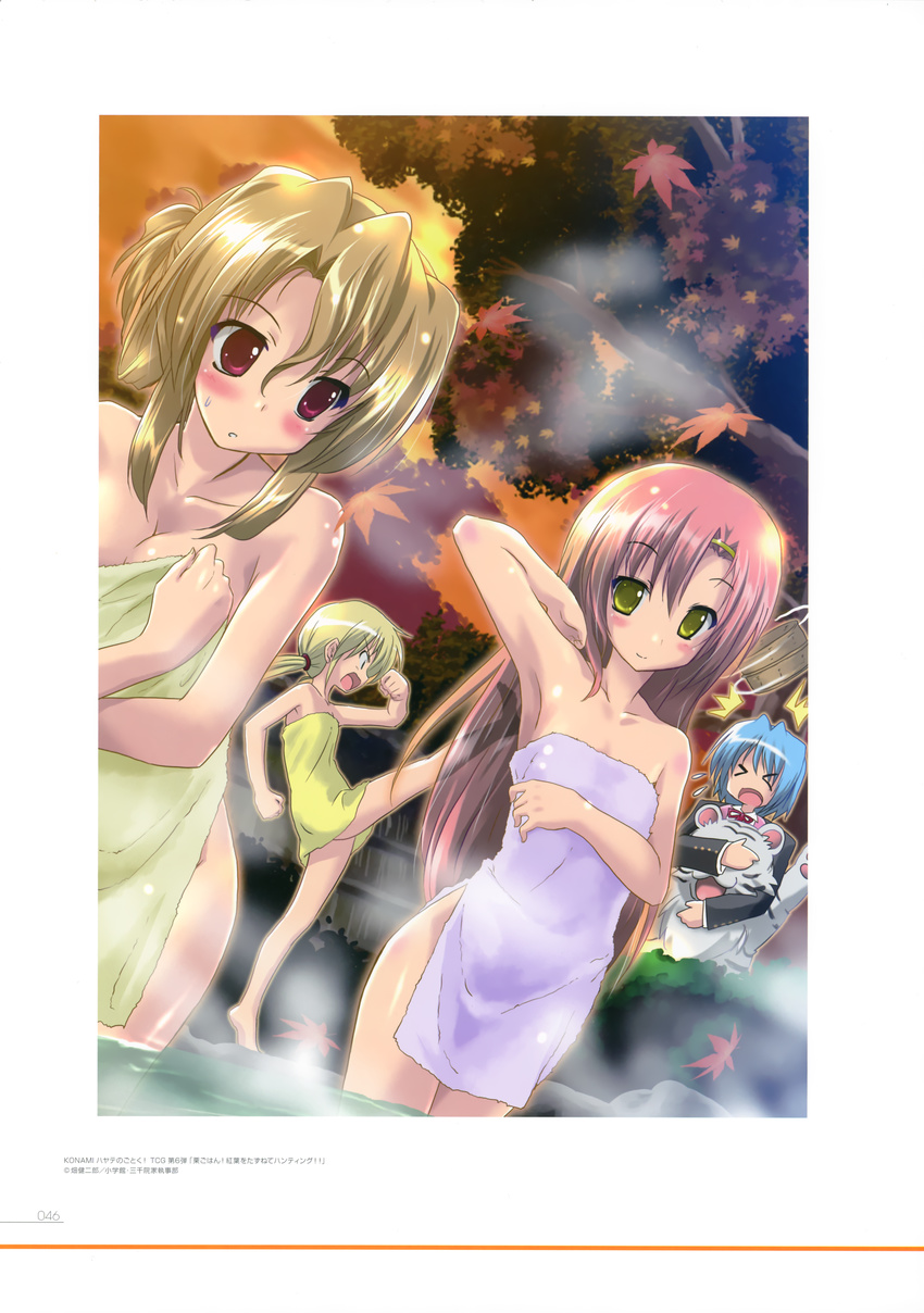 3girls absurdres animal_ears ayasaki_hayate bare_hips bare_shoulders blonde_hair blue_hair breasts brown_hair cleavage collarbone covering covering_eyes eyebrows_visible_through_hair green_towel hair_between_eyes hand_in_hair hayate_no_gotoku! highres katsura_hinagiku komatsu_eiji leg_up long_hair maria_(hayate_no_gotoku!) medium_breasts multiple_girls naked_towel nude_cover onsen outdoors parted_lips pink_hair purple_towel red_eyes sanzen'in_nagi shiny shiny_skin short_hair_with_long_locks sidelocks small_breasts smile steam sweatdrop tama_(hayate_no_gotoku) towel twintails wading wet wet_hair yellow_eyes yellow_towel