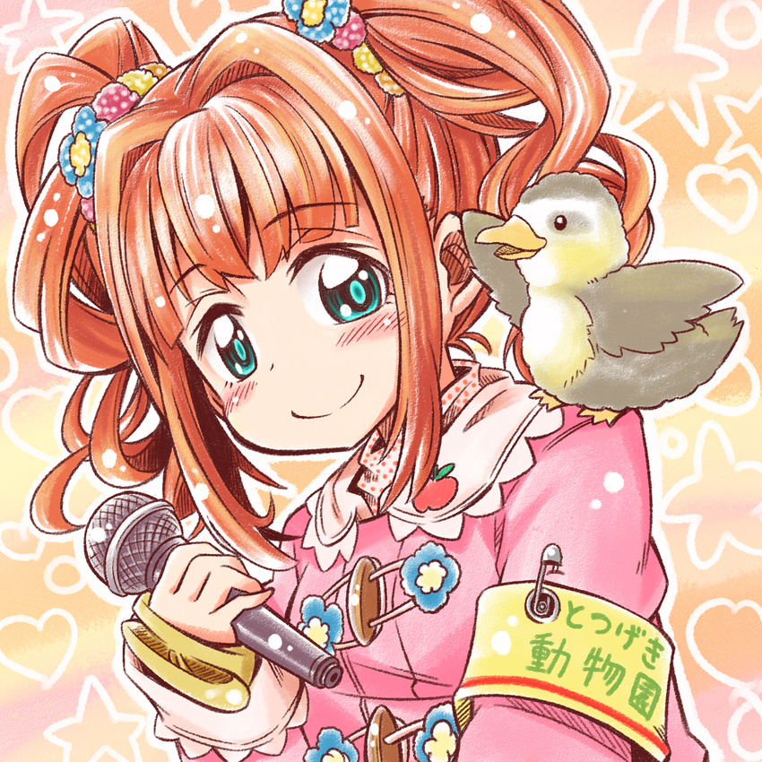 armband bird blue_eyes blush brown_hair emu_(toran) flower hair_flower hair_ornament highres idolmaster idolmaster_(classic) microphone orange_hair smile solo takatsuki_yayoi twintails