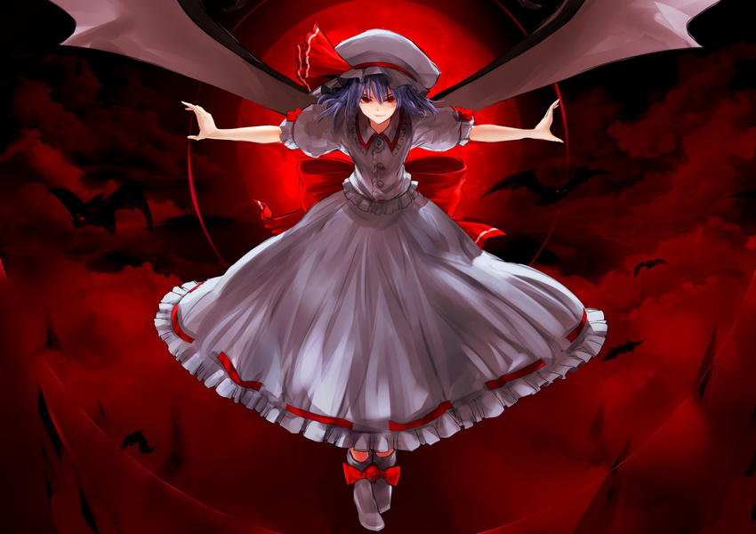 bat_wings bow chirigami-san full_moon hat moon outstretched_arms purple_hair red_eyes red_moon remilia_scarlet short_hair skirt skirt_set solo spread_arms touhou wings