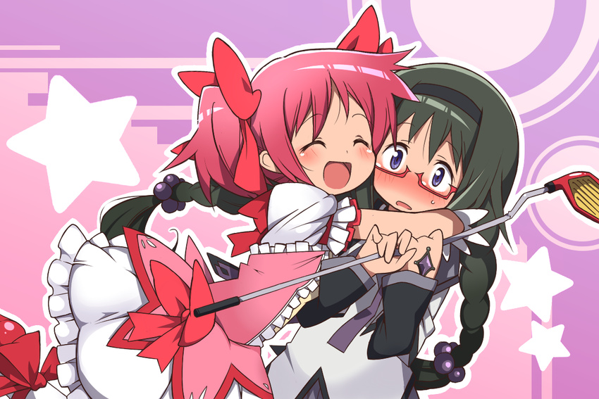 :d :o ^_^ akemi_homura black_hair blush bow braid bubble_skirt closed_eyes glasses golf_club hair_bobbles hair_bow hair_ornament hairband happy hug kaname_madoka long_hair lppletwo magical_girl mahou_shoujo_madoka_magica multiple_girls open_mouth pink_hair purple_background purple_eyes red-framed_eyewear short_hair short_twintails skirt smile star surprised twin_braids twintails