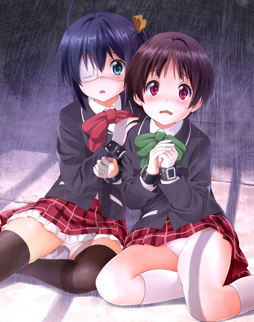 black_hair black_legwear blue_eyes blush chuunibyou_demo_koi_ga_shitai! d: eyepatch highres kneehighs looking_at_viewer misakamitoko0903 multiple_girls one_side_up open_mouth panties pantyshot pantyshot_(sitting) plaid plaid_skirt rain red_eyes school_uniform sitting skirt takanashi_rikka thighhighs tsuyuri_kumin underwear wavy_mouth white_legwear white_panties