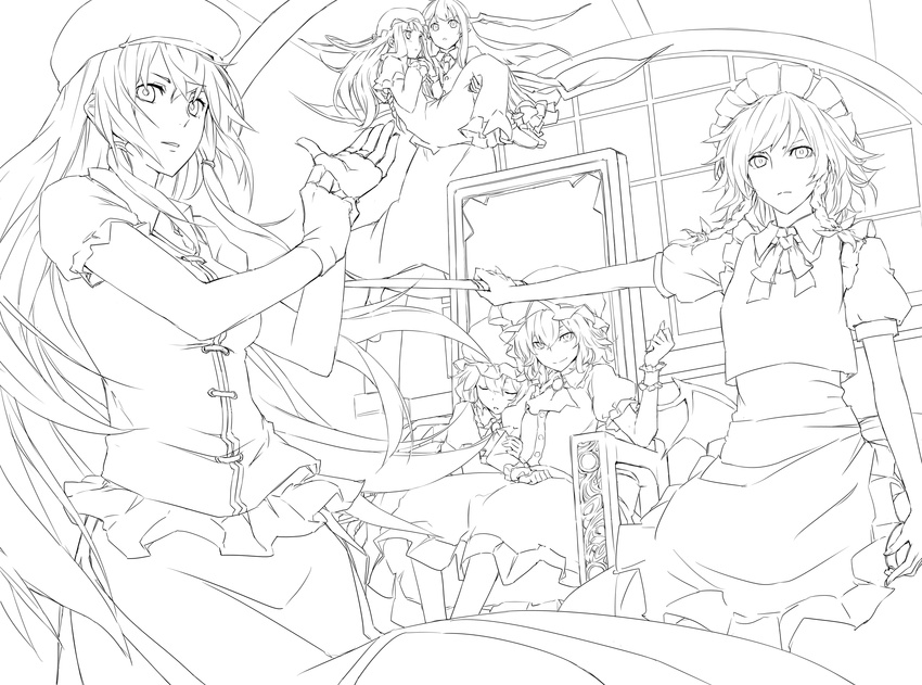 adjusting_clothes adjusting_gloves apron arm_rest bat_wings bow braid carrying ceiling closed_eyes fingerless_gloves flandre_scarlet flying frown gloves greyscale hair_bow hat head_wings highres hong_meiling izayoi_sakuya knife koakuma light_smile lineart long_hair looking_at_viewer maid_headdress mob_cap monochrome moon multiple_girls necktie no_nose outstretched_arm parted_lips patchouli_knowledge princess_carry puffy_short_sleeves puffy_sleeves remilia_scarlet ribbon short_hair short_sleeves sitting skirt skirt_set sleeping smile throne toromera touhou transparent_background twin_braids vest waist_apron window wings wrist_cuffs