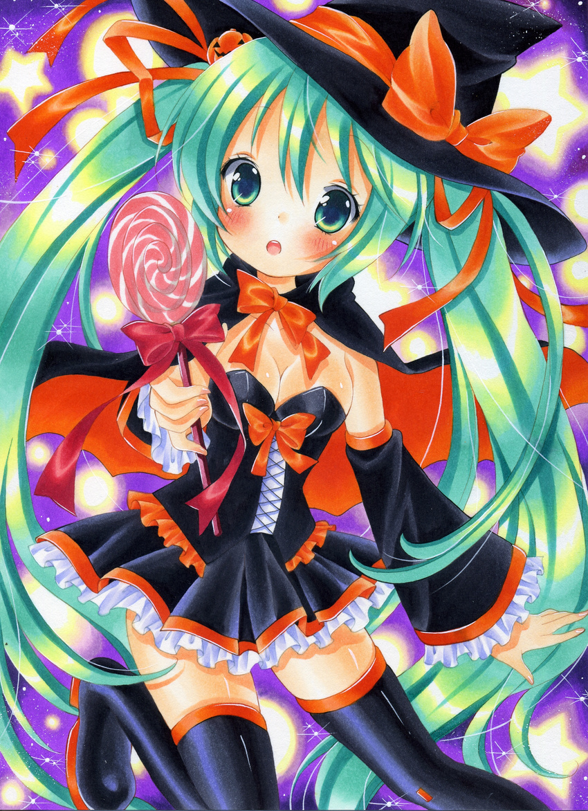 absurdres blush boots candy cape corset food green_eyes green_hair halloween hat hatsune_miku highres hinako_(turip-turop) lollipop long_hair marker_(medium) open_mouth skirt solo swirl_lollipop thigh_boots thighhighs traditional_media twintails very_long_hair vocaloid witch_hat