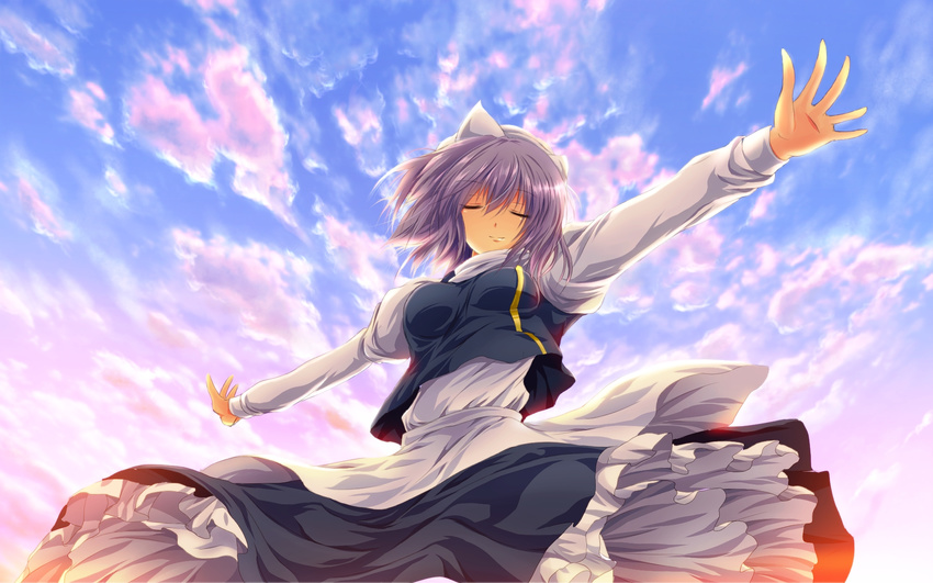 apron blush breasts closed_eyes cloud hat highres letty_whiterock medium_breasts nekominase outstretched_arms purple_hair scarf short_hair skirt sky smile solo touhou