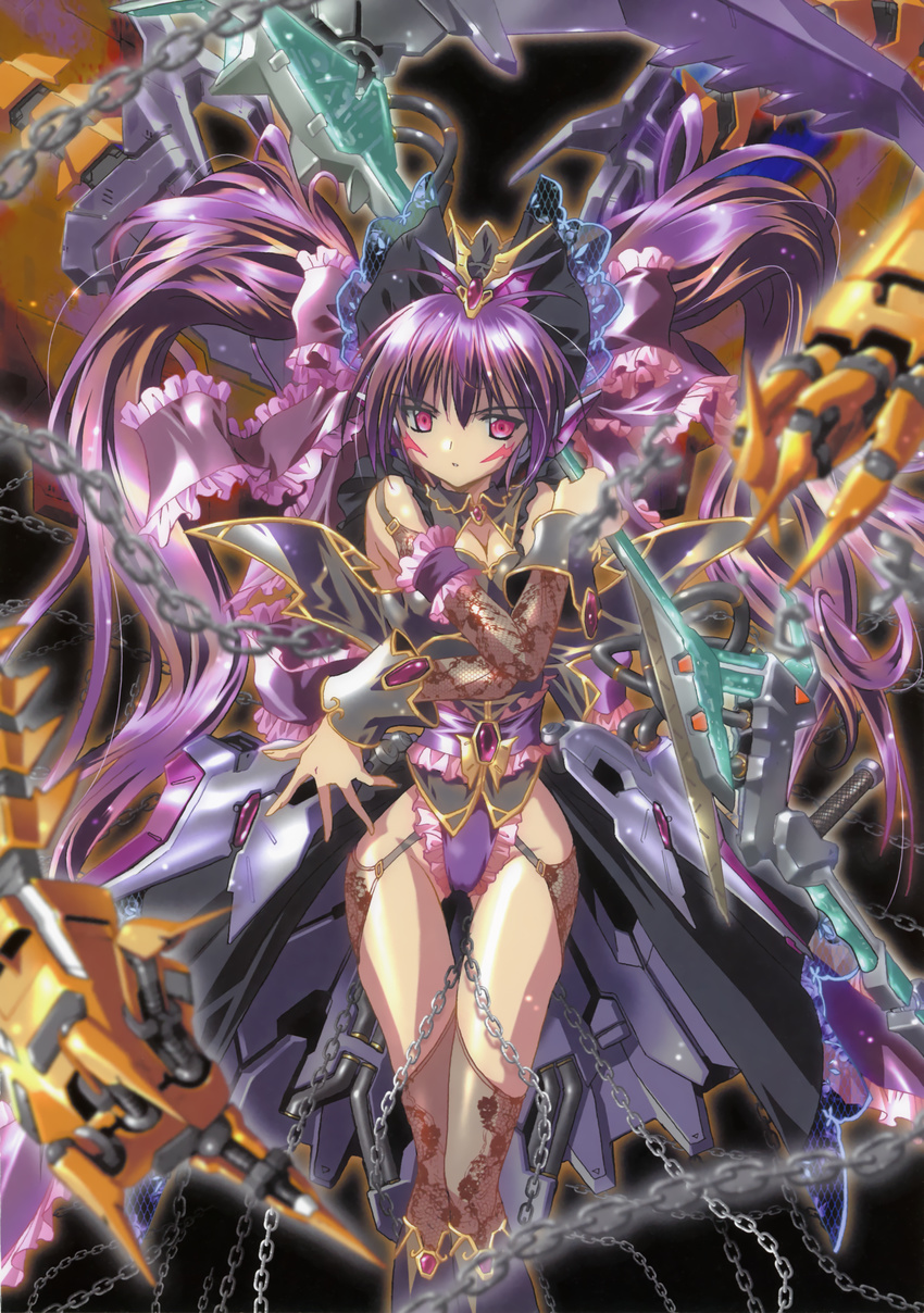 absurdres bodysuit chain chained copyright_request detached_sleeves facial_mark garter_straps highres komatsu_eiji lace lace_legwear mecha purple_eyes purple_hair scythe thighhighs twintails