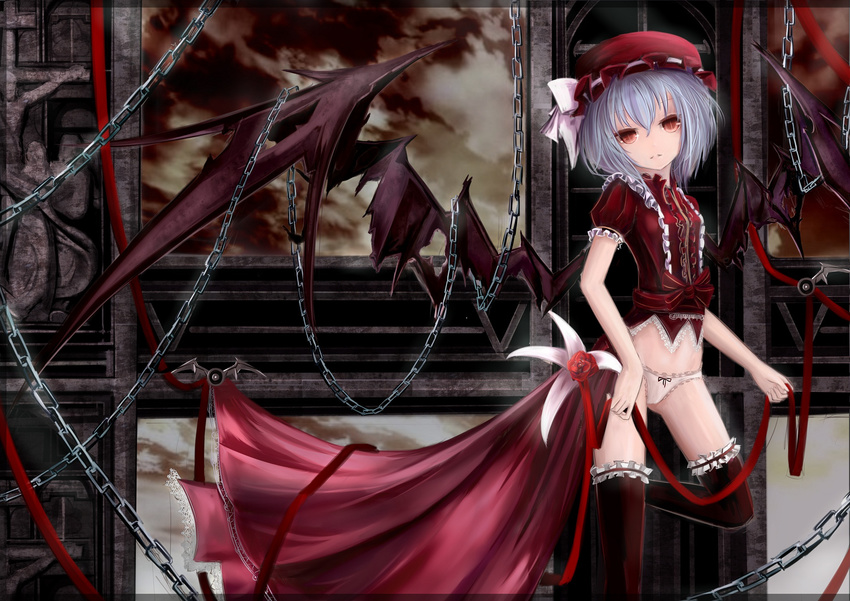 alternate_costume bat_wings blouse chain hat hat_ribbon highres lavender_hair no_pants open_mouth panties red_eyes red_legwear remilia_scarlet ribbon short_hair solo thighhighs touhou underwear wangchuan_de_quanyan white_panties window wings