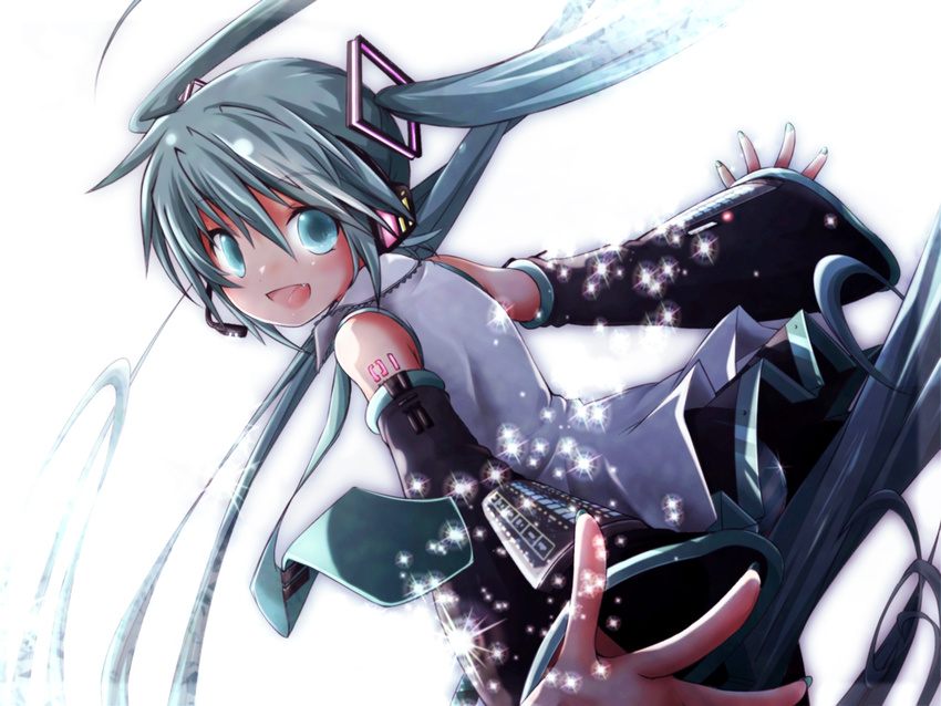 akino_coto aqua_eyes aqua_hair bare_shoulders detached_sleeves hatsune_miku highres long_hair looking_at_viewer nail_polish necktie open_mouth solo sparkle twintails very_long_hair vocaloid