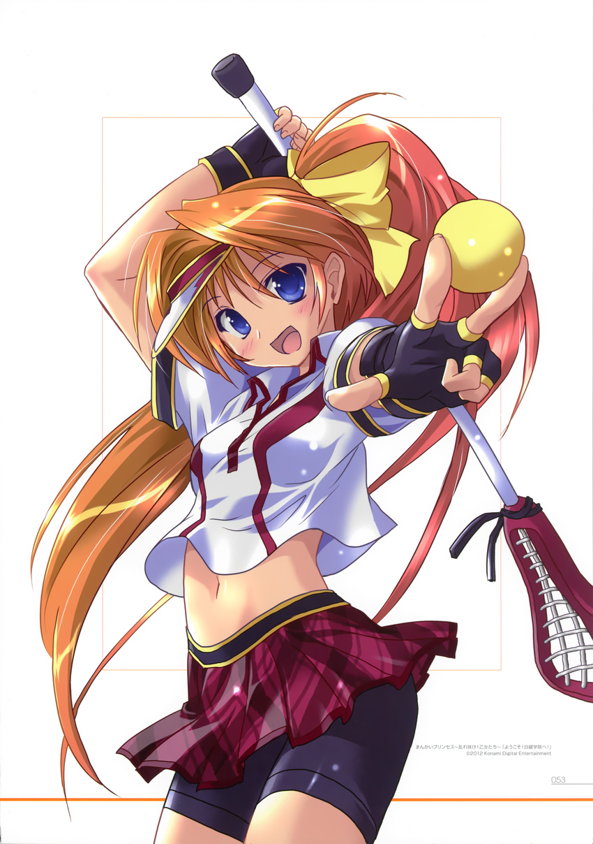 :d absurdres arm_up ball bike_shorts black_gloves blue_eyes cowboy_shot fingerless_gloves gloves hair_ribbon high_ponytail highres holding holding_ball itagaki_natsumi komatsu_eiji long_hair looking_at_viewer mankai_princess midriff navel open_mouth orange_hair outstretched_arm pleated_skirt red_skirt ribbon shirt short_shorts short_sleeves shorts shorts_under_skirt simple_background skirt smile solo standing stomach very_long_hair visor_cap white_background white_shirt yellow_ribbon